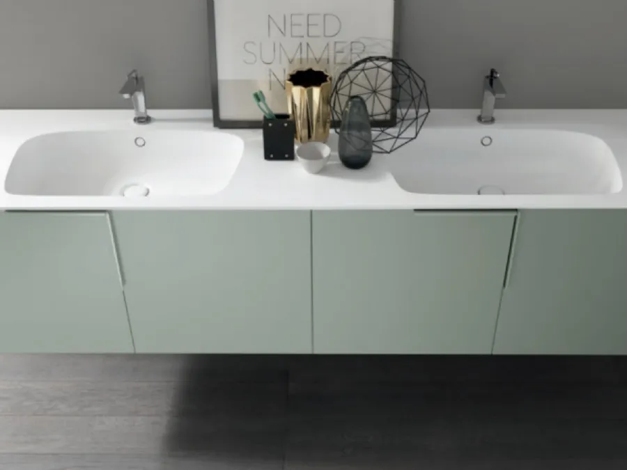 Mobile da Bagno sospeso M1 System C111 in laccato opaco Verde Polvere con top con vasche integrate di Baxar