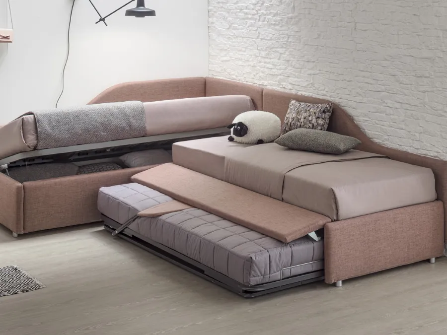 Daybed Singolo in tessuto con secondo letto estraibile o contenitore Joy Estraibile di V&Nice