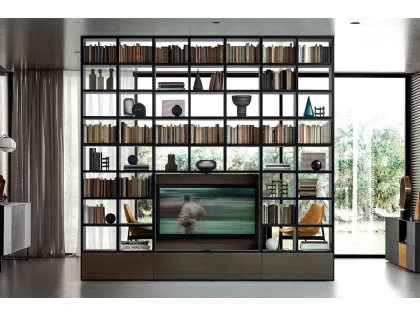 Libreria Spazioteca Laccato Lavagna bifacciale con ante ribalta e pannello girevole porta TV in Rovere Fumo di Pianca