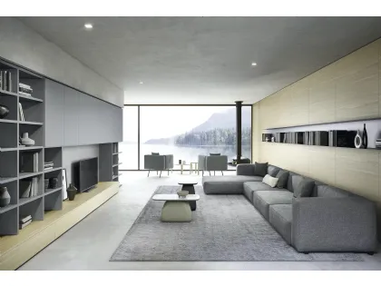 Parete Attrezzata Boiserie 05 in laccato opaco e legno impiallacciato Rovere Chiaro di Novamobili
