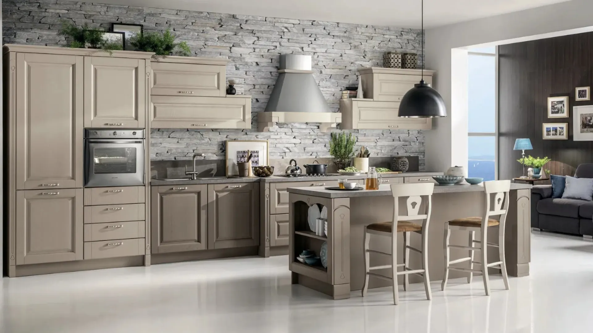 Cucina Classica angolare Bolgheri v05 in Rovere finitura Burro con top in laminato Luserna Bianco di Stosa