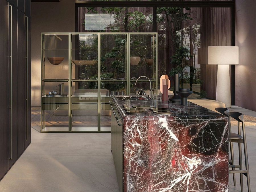 Cucina Design Antis Project 1 in laccato metallizzato Bronzo e marmo Rosso Lepanto lucido di Euromobil