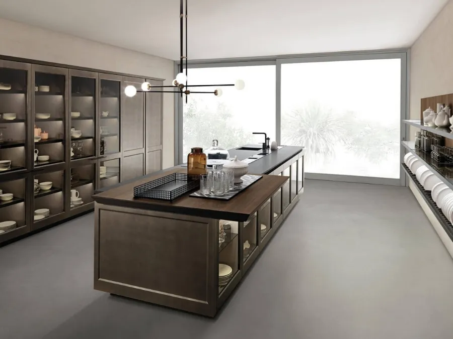 Cucina Design Filò Project 1 con isola in laccato opaco ossidato e vetro di Euromobil