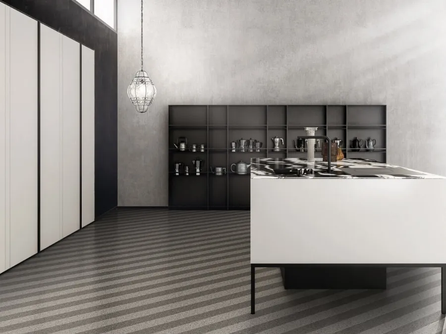 Cucina Design lineare Sei Project 7 in  laminato Fenix Bianco con top in pietra naturale granito di Euromobil