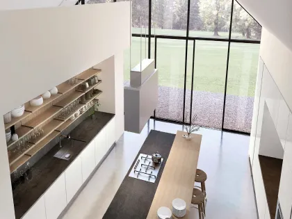 Cucina Design con isola Lain Project 4 in laccato Bianco ottico e materico Rovere di Euromobil