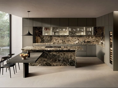 Cucina Design Margo Project 3 in Rovere sabbiato Piombo e marmo Emperador lucido di Euromobil