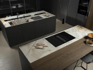 Cucina Design con doppia isola New Twins in laccato opaco e Rovere con top in Quarzite di Key Cucine