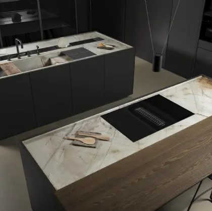 Cucina Design con doppia isola New Twins in laccato opaco e Rovere con top in Quarzite di Key Cucine