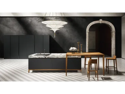 Cucina Design lineare in laminato Fenix con top in pietra naturale marmo con penisola in legno di Olmo naturale Sei Project 3 di Euromobil