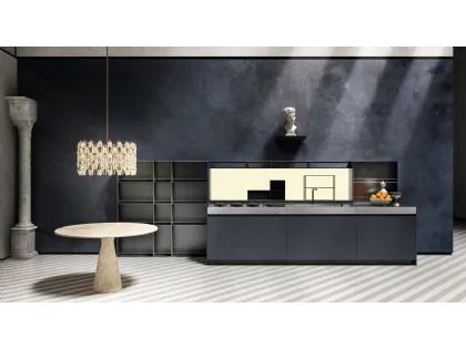 Cucina Design lineare Sei Project 5 in laminato Fenix blu con top in acciaio inox invecchiato di Euromobil