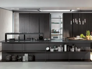 Cucina Design con isola Telero Project 7 in vetro dekor e metallo di Euromobil