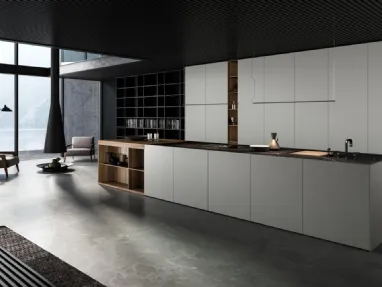 Cucina Design con isola Twins in laccato e Rovere con top in Gres finitura Nero Marquinia di Key Cucine