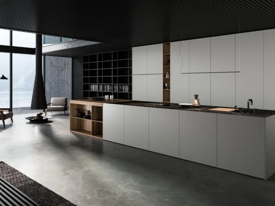 Cucina Design con isola Twins in laccato e Rovere con top in Gres finitura Nero Marquinia di Key Cucine