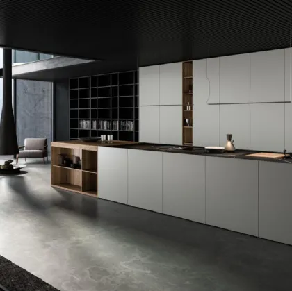 Cucina Design con isola Twins in laccato e Rovere con top in Gres finitura Nero Marquinia di Key Cucine