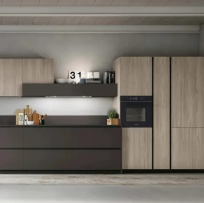 Cucina Moderna lineare Metropolis v08 in Fenix Cacao e Larice Sabbia di Stosa