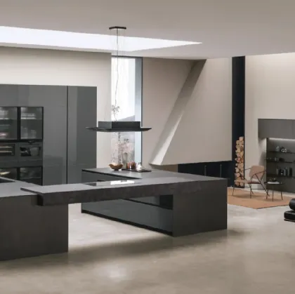 Cucina Moderna con doppia isola Aliant v01 in vetro lucido Lava e Neolith Basalt Black Satin con top in HPL Ossido di Stosa