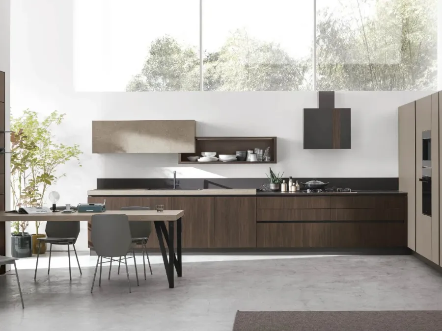 Cucina Moderna ad angolo Infinity v01 in Termo Strutturato Rovere Cumino e Graniglia di Stosa