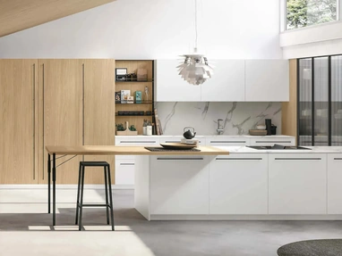 Cucina Moderna con penisola Metropolis 06 in Pet Bianco e Rovere Sole di Stosa