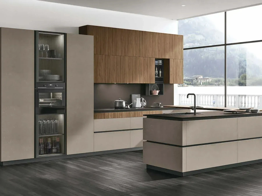 Cucina Moderna con penisola Metropolis 12 in materico Cemento Visone e Noce Eucalipto di Stosa