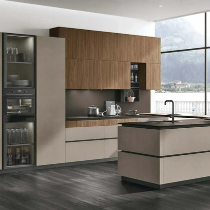 Cucina Moderna con penisola Metropolis 12 in materico Cemento Visone e Noce Eucalipto di Stosa